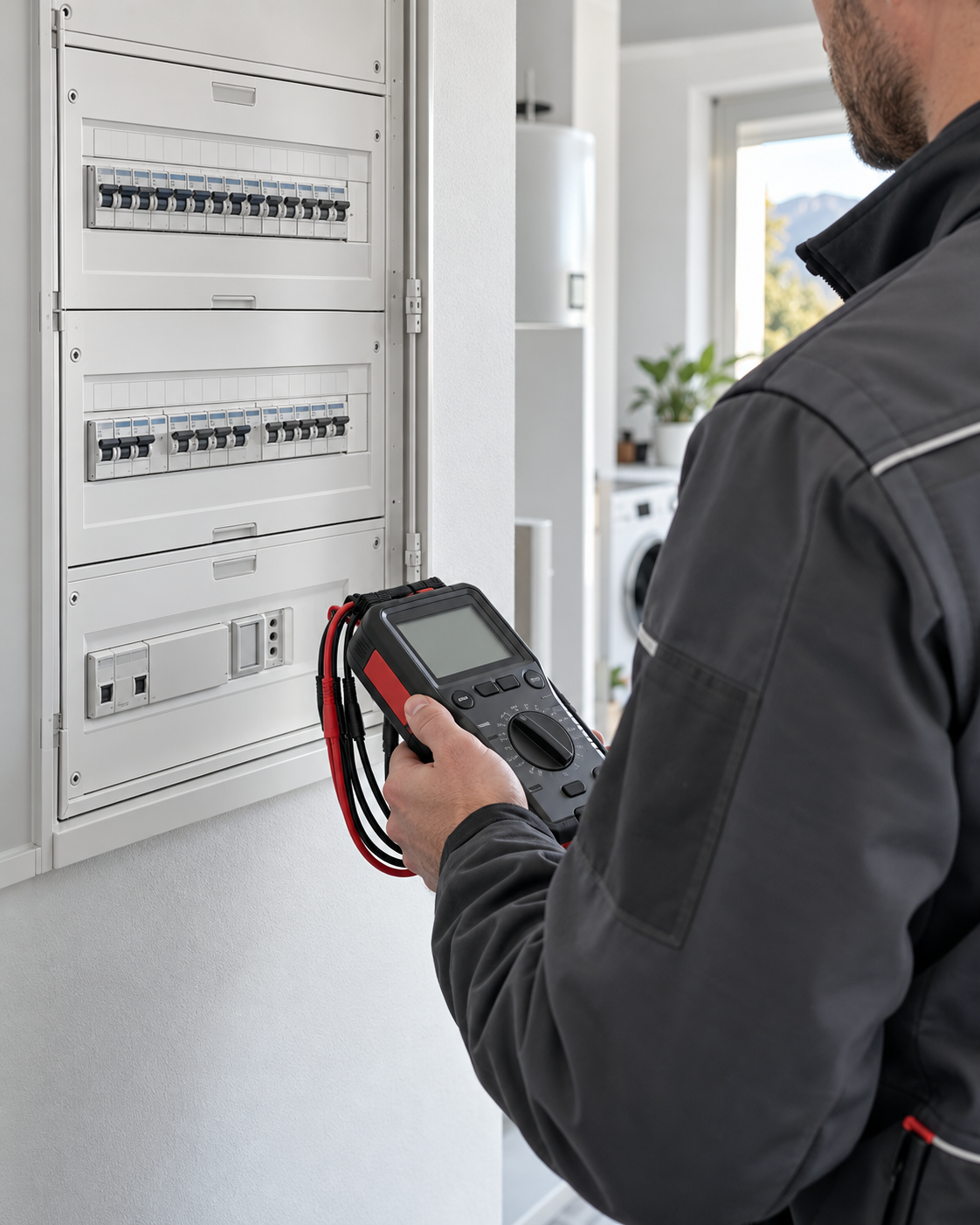 Illustration d’un technicien tenant un appareil de mesure devant un tableau électrique